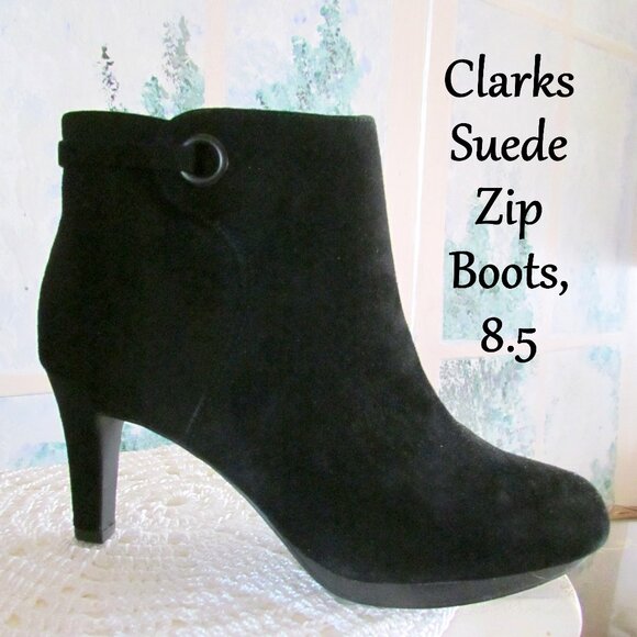 BLACK ANKLE BOOTS, CLARKS NWOT 8.5 8 1/2 SUEDE, INSIDE ZIPPERS, 3 1/4" HEELS - Picture 1 of 10